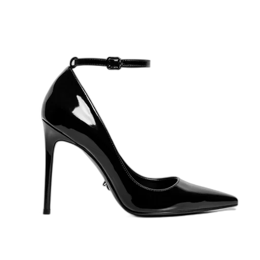 shoes, black, high-heeled, shoe, glossy, finish, displayed, against transparent PNG cut-out