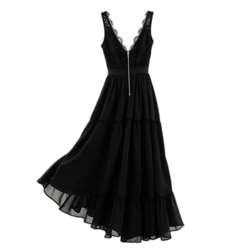 dress, dark, monochrome, black, lace-trimmed, sleeveless, plunging, neckline transparent PNG cut-out