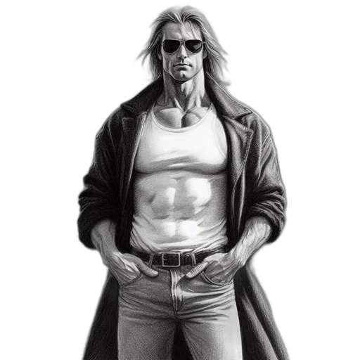 jacket, comic book art, concept art, cyberpunk, photorealistic, imposing, figure, likely transparent PNG cut-out