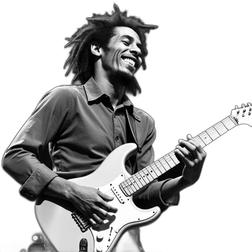 photorealistic, black, white, photograph, bob, marley, playing, guitar transparent PNG cut-out