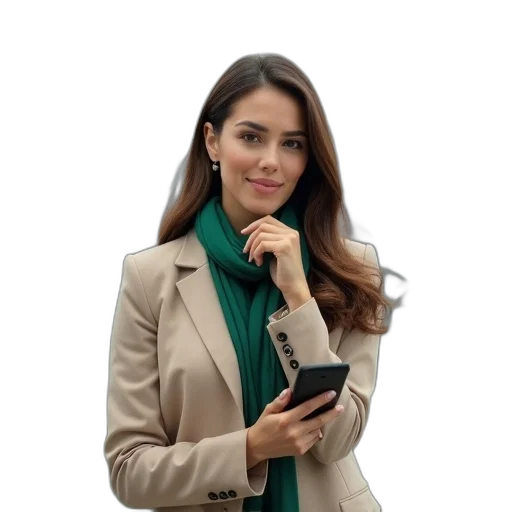 staff, jacket, jewelry, woman, beige, suit, green, scarf transparent PNG cut-out