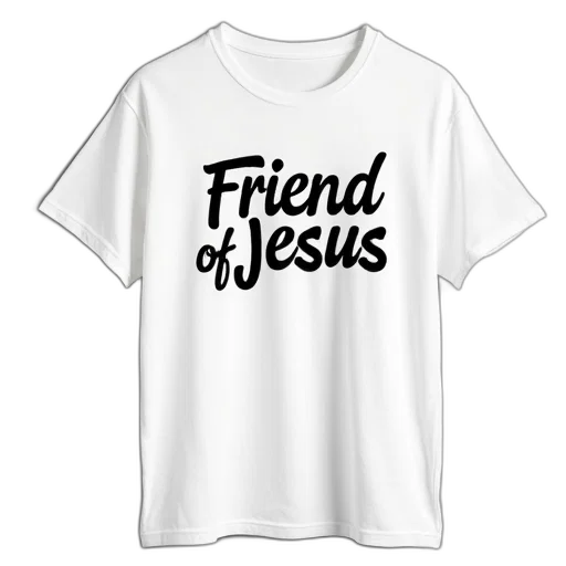 white, t-shirt, phrase, friend, jesus, stylized, graffiti-like, font transparent PNG cut-out