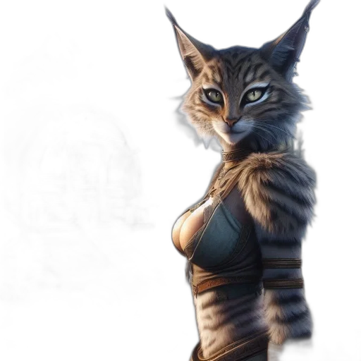 fantasy art, concept art, photorealistic, comic book art, tabby-patterned, accessorized, humanoid, cat transparent PNG cut-out