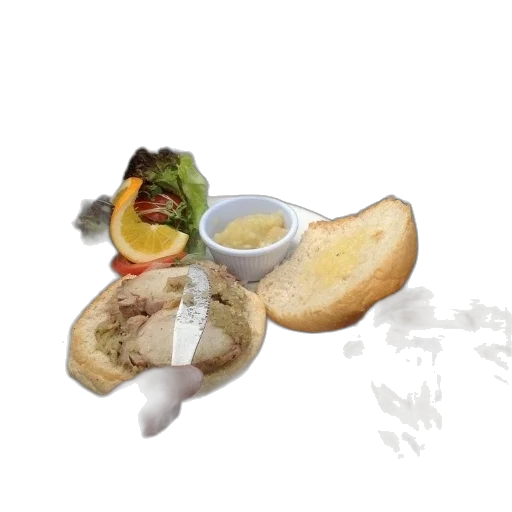food, photorealistic, 3d render, person, eating, sandwich, fries, salad transparent PNG cut-out
