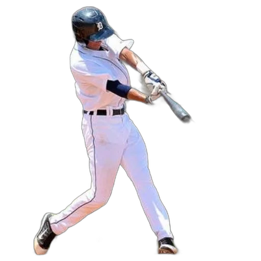 weapon, baseball, player, white, uniform, swings, bat, during transparent PNG cut-out