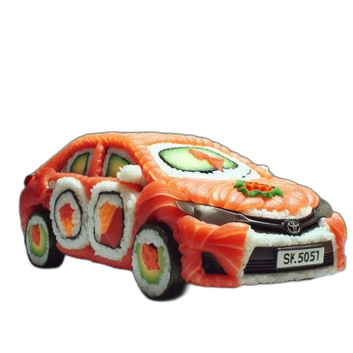 car, 3d render, photorealistic, sushi-themed, resembling, toyota, corolla, made transparent PNG cut-out