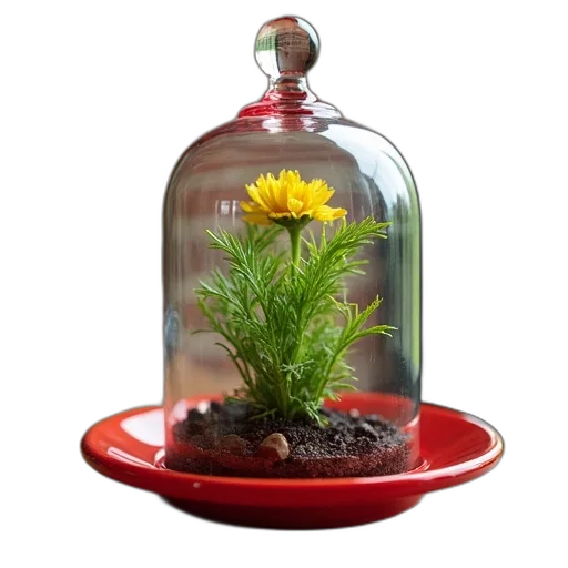 flower, bottle, crown, photorealistic, 3d render, glass, terrarium, clear transparent PNG cut-out