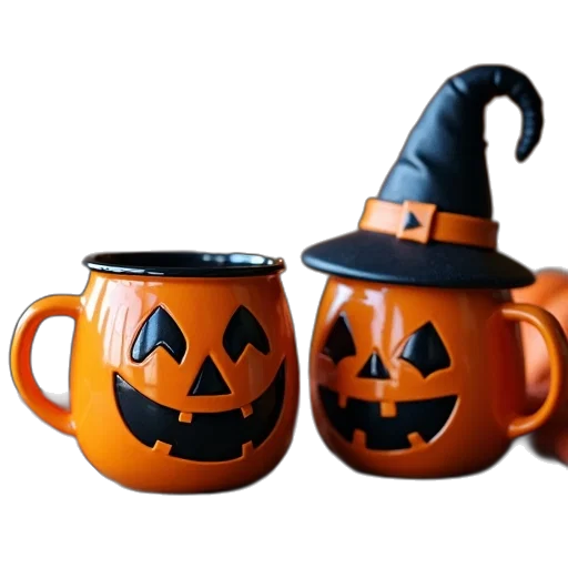 3d render, two, halloween, coffee, mugs, sitting, top, table transparent PNG cut-out