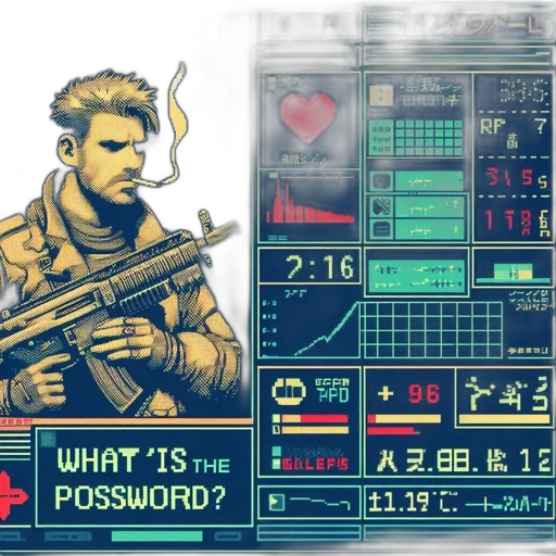 weapon, jacket, cyberpunk, pixel art, vaporwave, concept art, blue, red transparent PNG cut-out