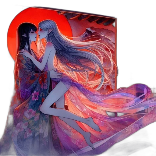 dress, fantasy art, concept art, anime, vaporwave, fire, red, two transparent PNG cut-out