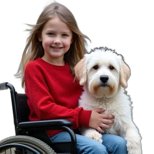 animal, photorealistic, young, girl, red, sweater, sitting, wheelchair transparent PNG cut-out