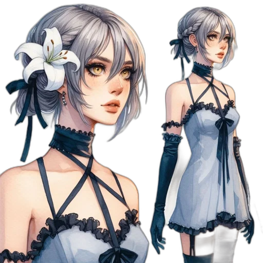 dress, flower, concept art, fantasy art, pixel art, anime, monochrome, dark transparent PNG cut-out