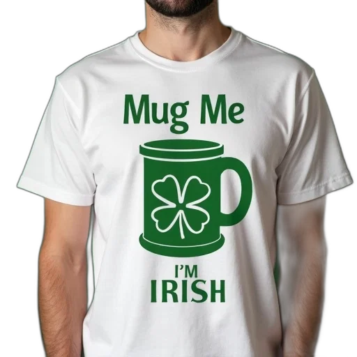 man, wearing, white, t-shirt, graphic, reads, mug, irish transparent PNG cut-out