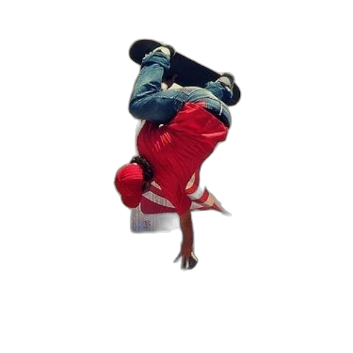 creature, jacket, staff, skateboarder, performs, handstand, ramp, imagine transparent PNG cut-out