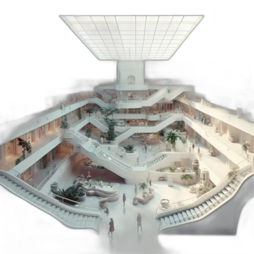 building, 3d render, concept art, photorealistic, expansive, indoor, shopping, complex transparent PNG cut-out