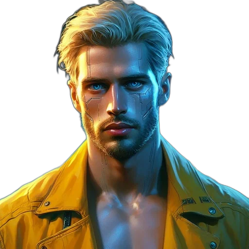 jacket, face, hair, cyberpunk, comic book art, photorealistic, concept art, neon lights transparent PNG cut-out
