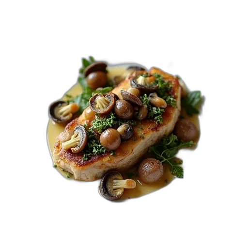 food, photorealistic, 3d render, plate, variety, mushrooms, herbs, top transparent PNG cut-out