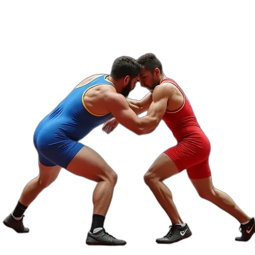 photorealistic, two, greco, wrestlers, blue, red, uniforms, fighting transparent PNG cut-out