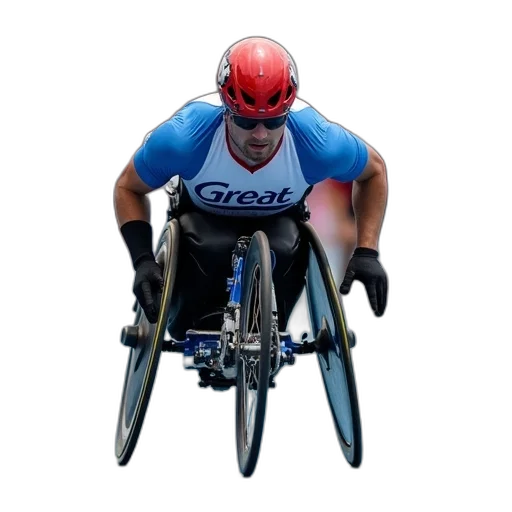male, athlete, wheelchair, racing, track, wearing, blue, white transparent PNG cut-out