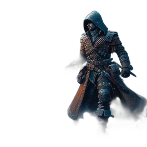 sword, weapon, jacket, concept art, fantasy art, pixel art, 3d render, fog transparent PNG cut-out