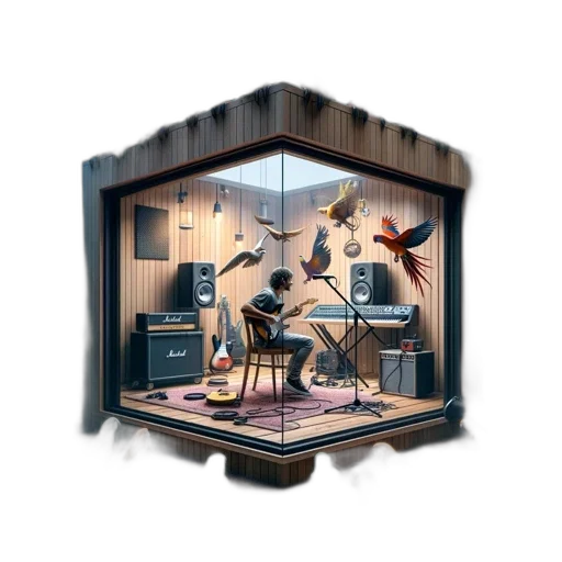 furniture, concept art, 3d render, pixel art, forest, man, plays, guitar transparent PNG cut-out