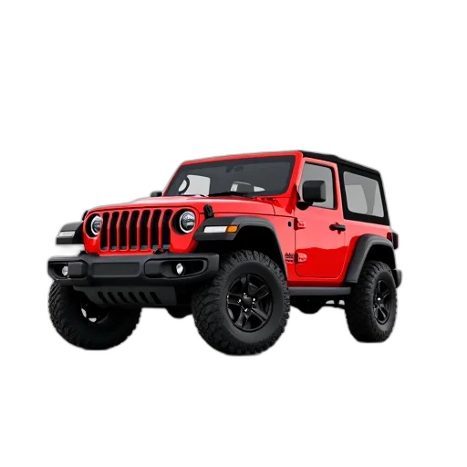 car, 3d render, photorealistic, red, jeep, wrangler, parked, white transparent PNG cut-out