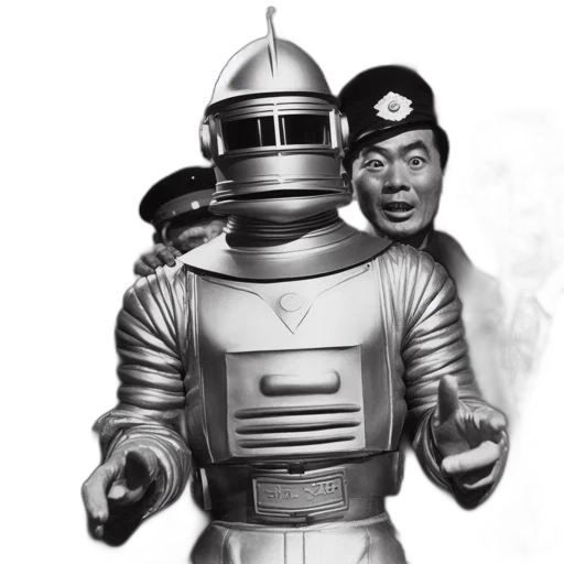 robot, staff, concept art, comic book art, outer space, vintage, setting, stands transparent PNG cut-out