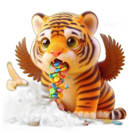 3d render, photorealistic, fantastical, winged, tiger, cub, surrounded, candies transparent PNG cut-out