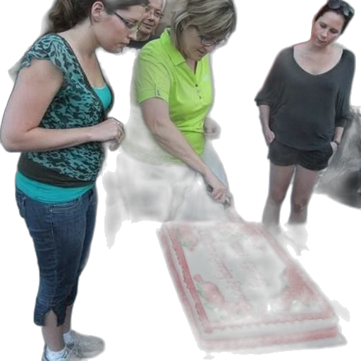 woman, green, shirt, cutting, cake, says, grand, opening transparent PNG cut-out