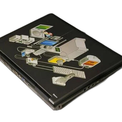 3d render, laptop, sticker, depicting, various, electronic, devices, placed transparent PNG cut-out