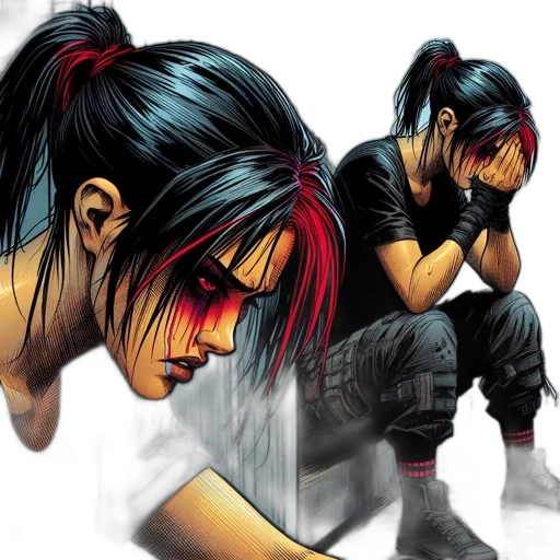 concept art, comic book art, cyberpunk, photorealistic, red, dark, woman, streaks transparent PNG cut-out