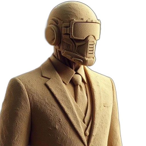 jacket, mask, robot, face, concept art, 3d render, golden, earth tones transparent PNG cut-out