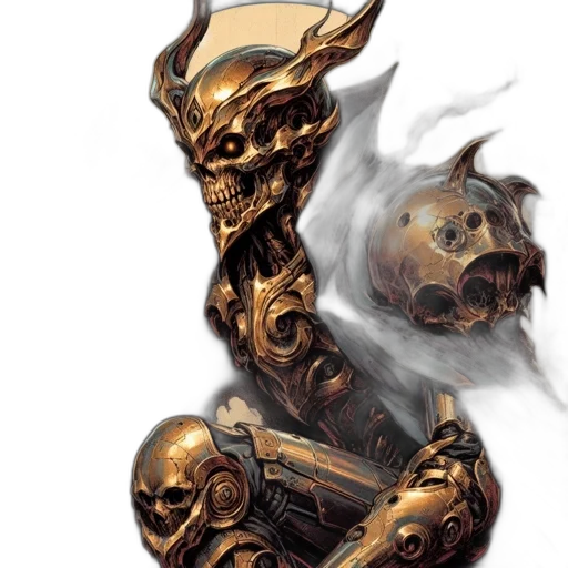 robot, mask, weapon, concept art, fantasy art, comic book art, 3d render, golden transparent PNG cut-out