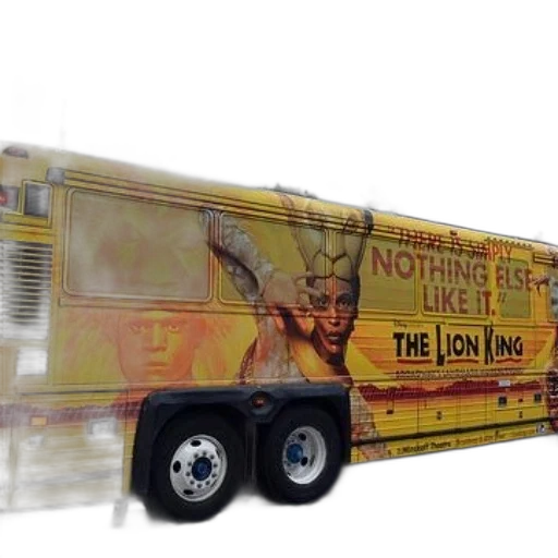 vibrant, yellow, bus, advertisement, lion, king, featuring, striking transparent PNG cut-out