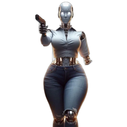 robot, weapon, dress, staff, concept art, 3d render, comic book art, cyberpunk transparent PNG cut-out