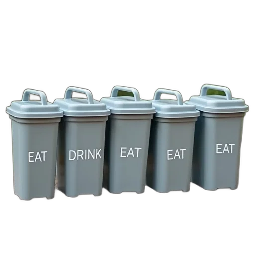 food, bottle, robot, animal, 3d render, concept art, row, five transparent PNG cut-out