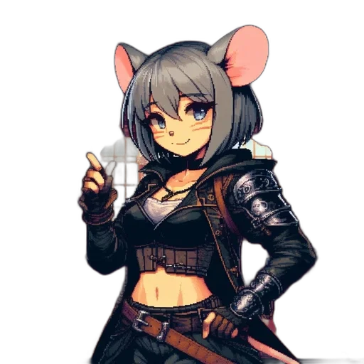 weapon, staff, jacket, animal, pixel art, anime, concept art, cyberpunk transparent PNG cut-out
