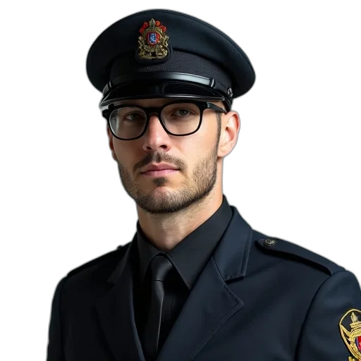staff, face, hat, jacket, photorealistic, concept art, close-up, portrait transparent PNG cut-out