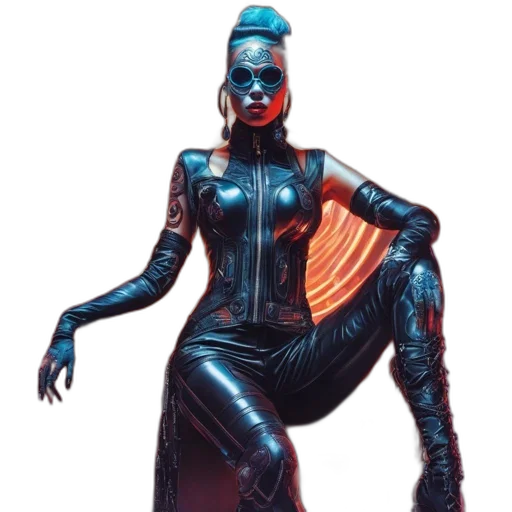 robot, dress, cyberpunk, concept art, comic book art, 3d render, dark, blue transparent PNG cut-out