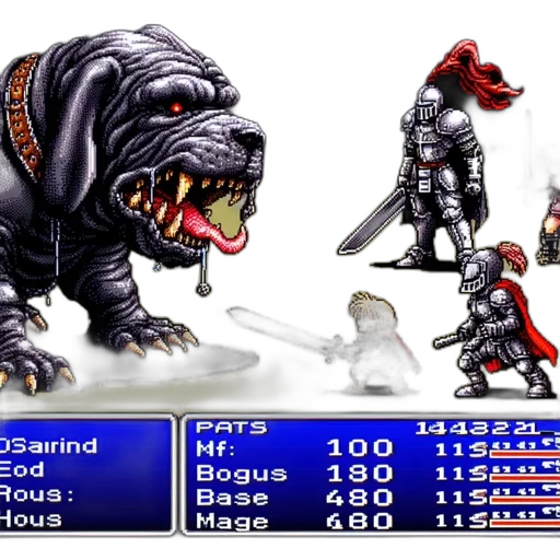 vintage, rpg, screenshot, displays, fearsome, beast, confronting, armored transparent PNG cut-out