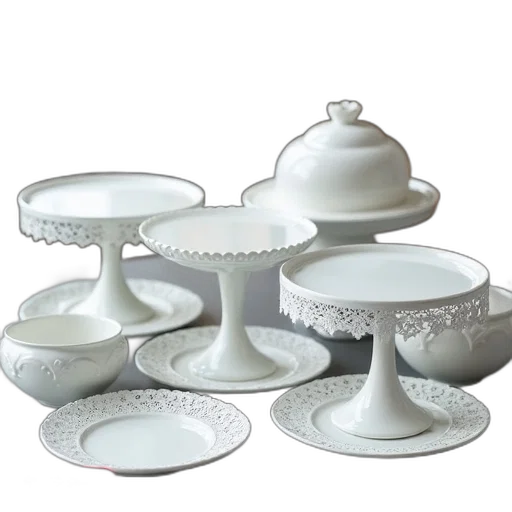 3d render, monochrome, collection, white, porcelain, cake, stands, plates transparent PNG cut-out