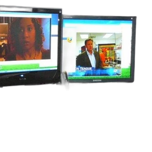 dual-monitor, setup, one, screen, displaying, woman, other, showing transparent PNG cut-out