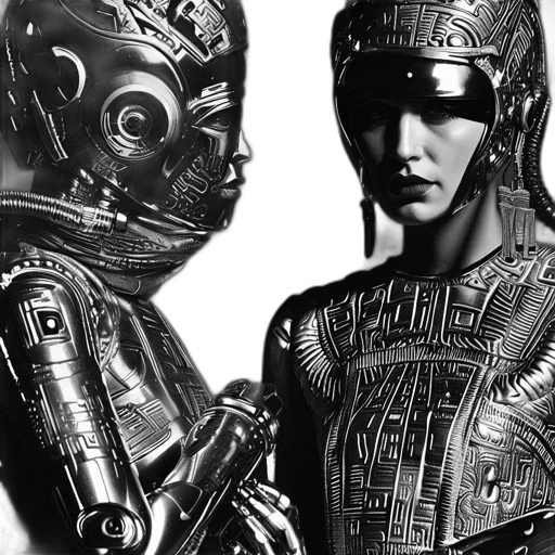 robot, cyberpunk, concept art, photorealistic, outer space, two, figures, human transparent PNG cut-out