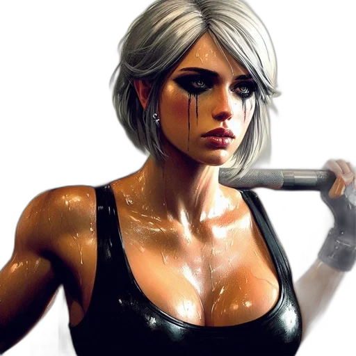 weapon, comic book art, concept art, fantasy art, photorealistic, intense, silver-haired, woman transparent PNG cut-out
