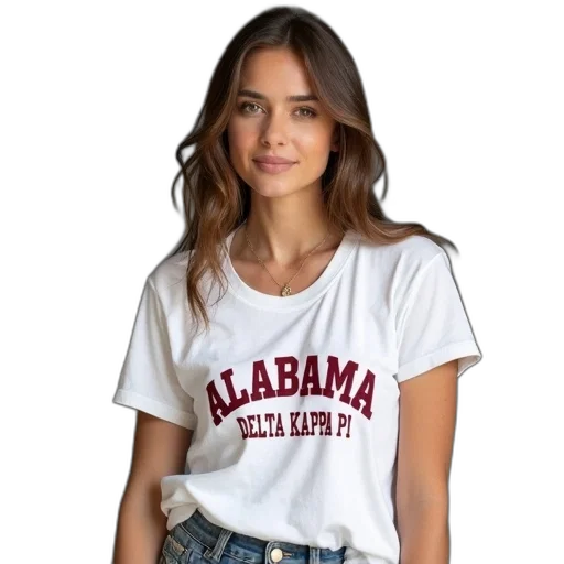 woman, wearing, white, t-shirt, text, alabama, delta, kappa transparent PNG cut-out