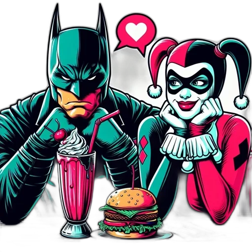 comic book art, concept art, comic, illustration, batman, harley, quinn, sit transparent PNG cut-out