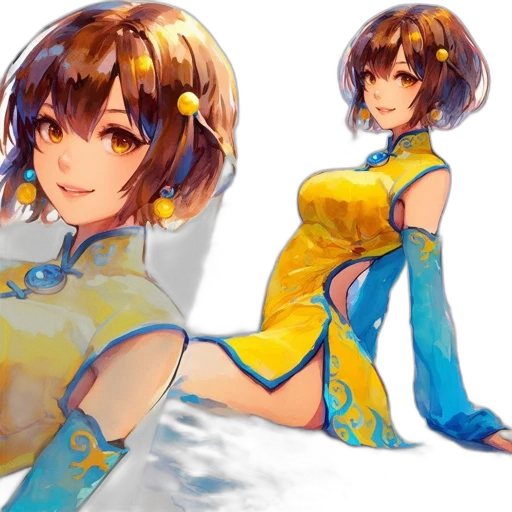 dress, concept art, anime, watercolor, fantasy art, blue, golden, colorful transparent PNG cut-out