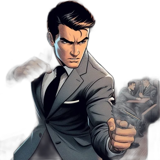 weapon, comic book art, concept art, cartoon, photorealistic, man, gray, suit transparent PNG cut-out