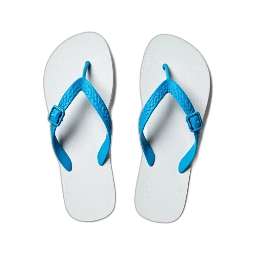 shoes, blue, pair, white, flip-flops, straps, displayed, against transparent PNG cut-out