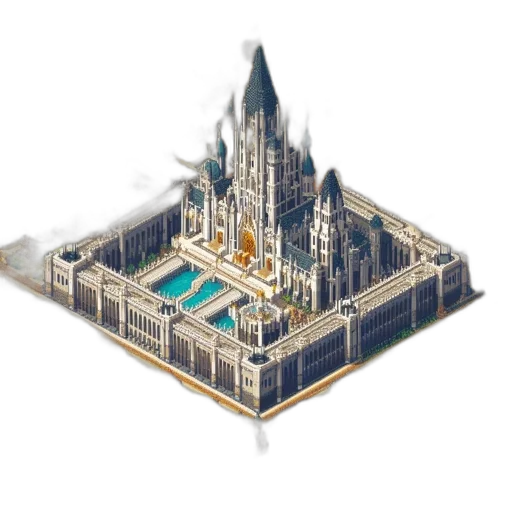 building, crown, pixel art, 3d render, concept art, fantasy art, golden, blue transparent PNG cut-out